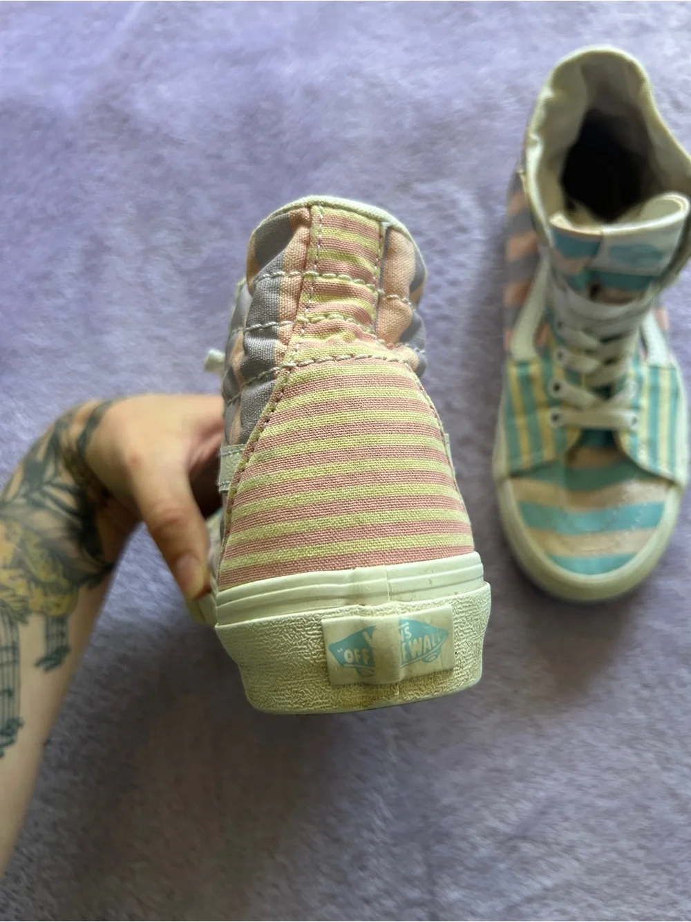 Vans High-Top Sneakers in Yellow and Mint Green Striped Canvas